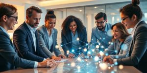 Diverse business team collaborating with data visuals.