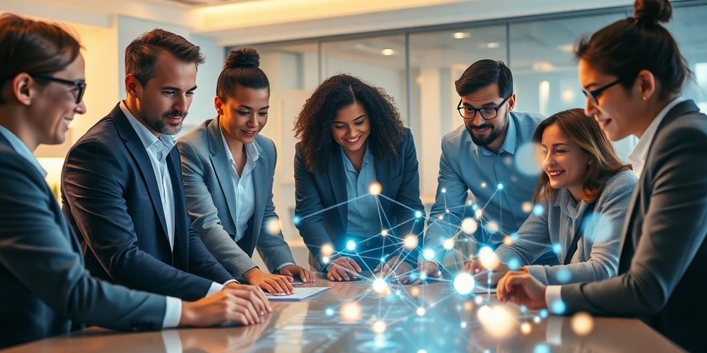 Diverse business team collaborating with data visuals.