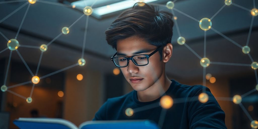Person studying machine learning with futuristic holographic interface.