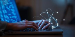 Person coding on laptop, glowing data.